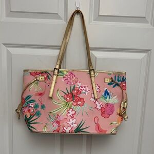 Spartina 449 Pink Floral Flamingo Tote with Gold Handless